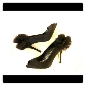 WHBM Peep Toe Satin Heels with Chiffon Flowers